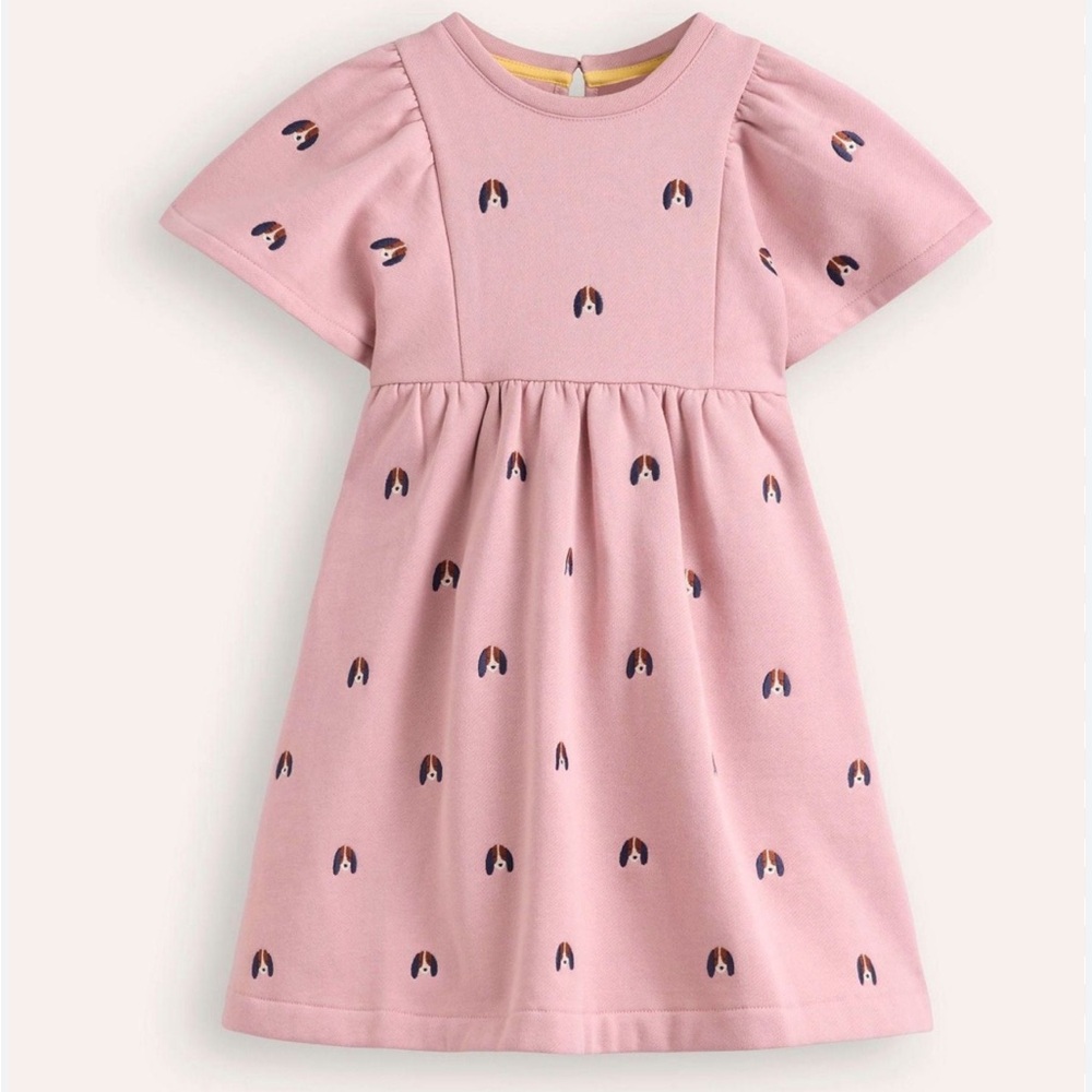 Mini Boden Pink Dog Print Sweatshirt Dress Girls 8-9Y Embroidered Casual